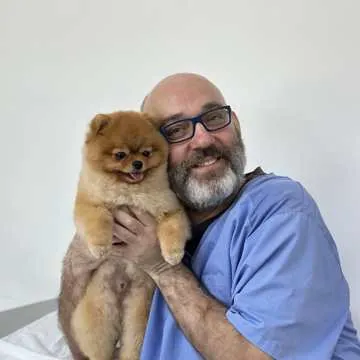 A Pomeranian with one of the doctors