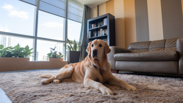 a golden retriever dog lounging inside an apartment with big windows