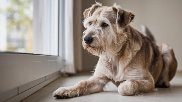 a furry dog looking out the window from inside an apartment