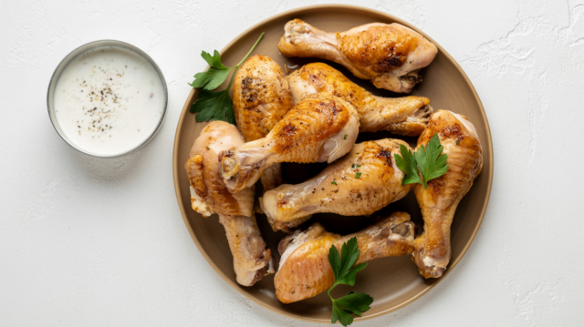 a scrumptious plate of cooked chicken drumsticks with garnish, and a dipping sauce on the side