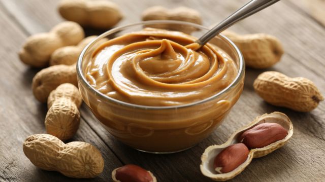a small bowl of peanut butter with a spoon dipped on it, small peanuts around it