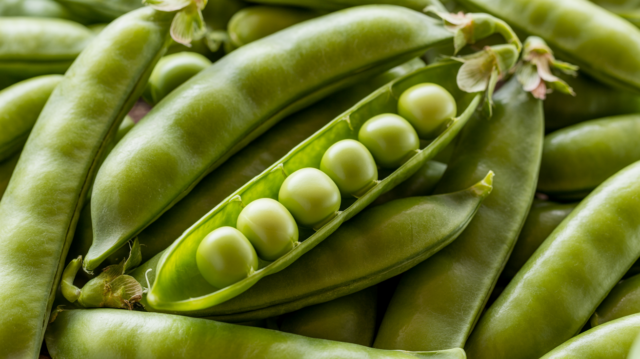 a closeup photo of a pod of green peas